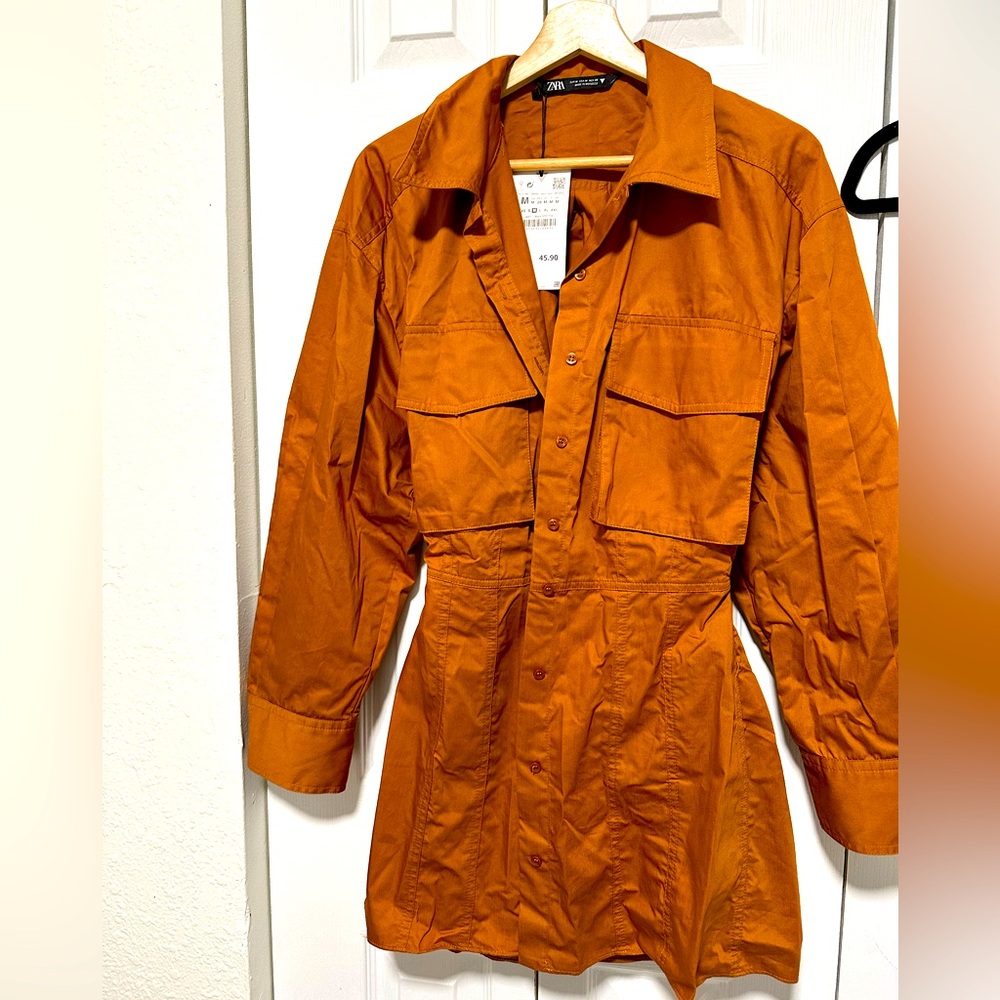 NWT- ZARA Burn Orange Button down Shirt Dress open back at waist Size M